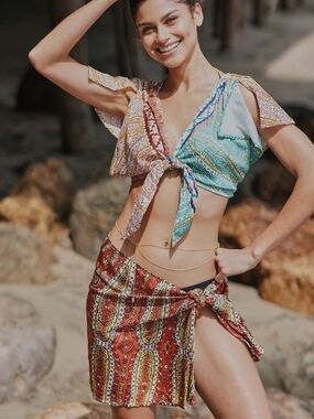 Anthropologie Women’s 2 Piece Boho Resort Summer Skirt Crop Top Cover Up Set